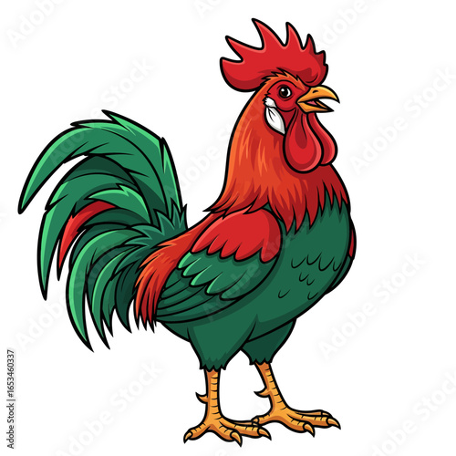 A vibrant cartoon rooster with red crest and green feathers, standing proudly as a symbol of farm life and rural charm isolated on white background