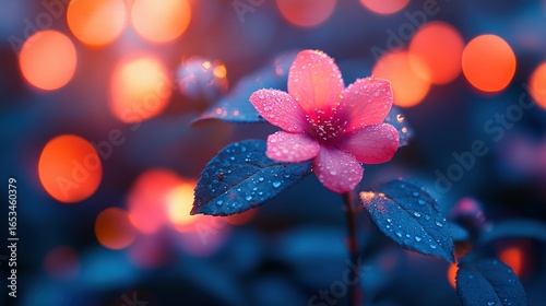 Pink flower with blue leaves against a blurred orange bokeh background.
