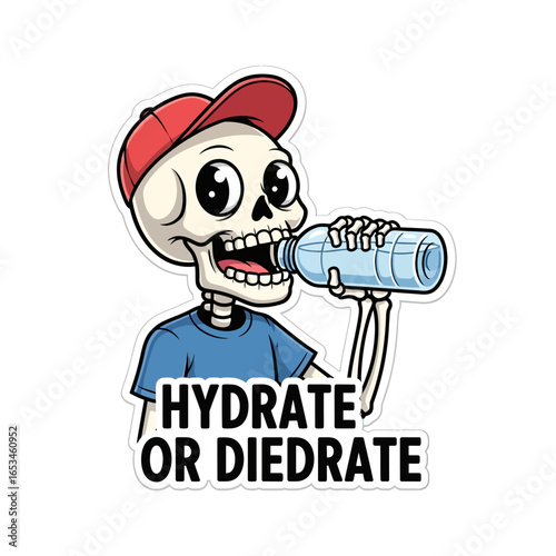 Cartoon sticker of a skeleton drinking water from a bottle with the text hydrate or diedrate isolated on white background, a funny and humorous illustration