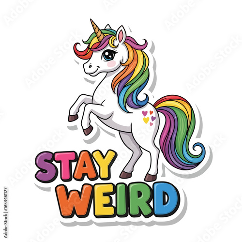 Cute unicorn with rainbow mane and tail standing on its hind legs with the words stay weird isolated on white background a magical and cheerful cartoon character