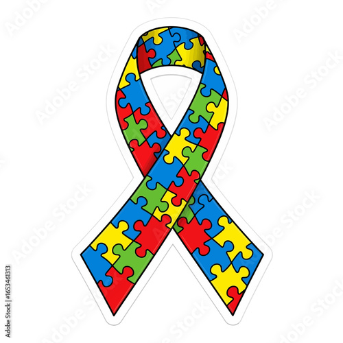 Autism awareness ribbon made of colorful puzzle pieces isolated on white background to support autism awareness, acceptance, and inclusion of people with autism spectrum disorder