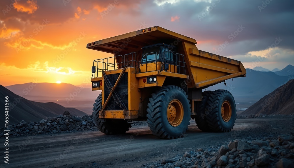 Obraz premium Massive yellow mining dump truck operates in quarry at sunset. Powerful heavy-duty vehicle transports earth, rocks against backdrop of mountains, dramatic sky. Scene captures intensity of industrial