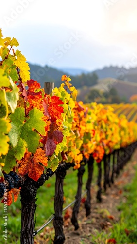 Autumn vineyard rows with vibrant foliage