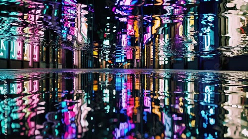 Colorful neon reflections on wet pavement in urban alleyway  