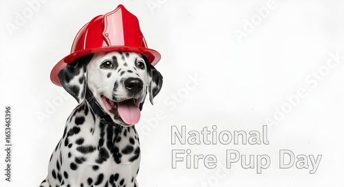 A dalmatian pup wearing a firefighter's helmet is the perfect embodiment of courage and bravery. The dog is sitting, tongue out and grinning happily in front of a sign of the National Fire Pup Day