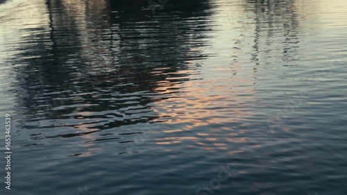Calm reflections in water at sunset.