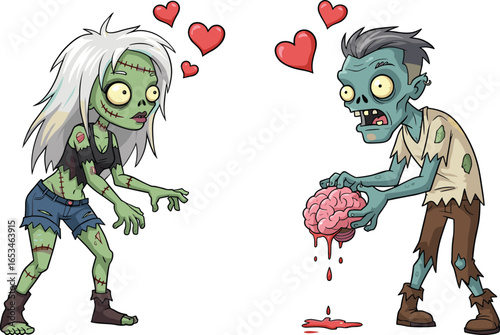Cartoon zombie couple, love scene, green skin, bloody brain, horror humor, hearts floating, undead romance, creepy cute illustration