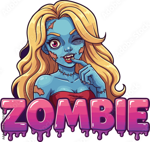 Zombie girl cartoon, blue skin, blonde hair, red dress, stitched neck, dripping text, horror glam, playful undead illustration