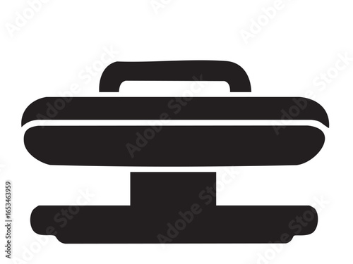 Black silhouette of steam press garment steamer isolated on white background. Concept of household appliance, clothes ironing machine, laundry equipment, home cleaning device icon