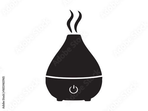 Black silhouette of humidifier with steam, isolated on white background. concept of air purifier, vaporizing device, home appliance, indoor comfort, icon, logo, design element