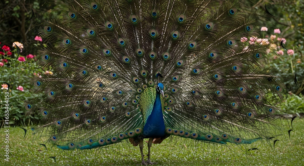 Obraz premium Majestic Peacock Displaying Vibrant Plumage in a Lush Garden Setting