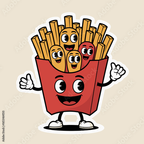 Cartoon french fries character mascot giving thumbs up, a funny and cute vector illustration design for restaurant menu, retro vintage style graphic icon sticker