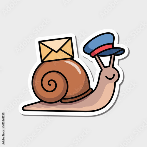 A charming cartoon snail postman with a letter on its back and a cute hat, isolated on white background, perfect for illustrating slow but reliable mail delivery services