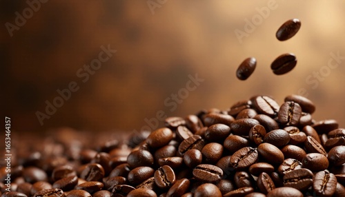 Roasted coffee beans falling onto a rich pile, perfect for a morning brew