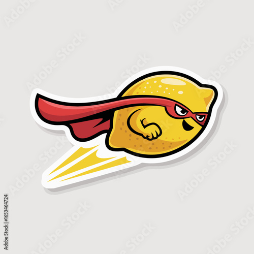 Illustration of a lemon superhero with a red cape and mask, flying fast isolated on white background perfect for healthy food and comic book enthusiasts