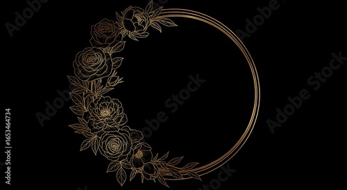 Elegant Gold Floral Frame: Roses, Peonies, and Leaves on Black Background.
