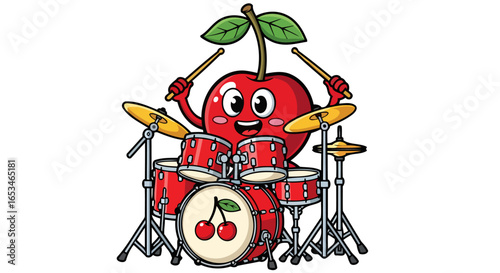 cheerful cherry drummer transparent background illustration for design projects