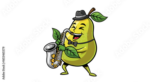 happy pear saxophonist transparent background isolated cartoon illustration