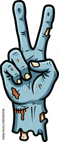 Zombie hand peace gesture, cartoon horror illustration, undead fingers raised, exposed bone, stitches and wounds, creepy Halloween design, scary art