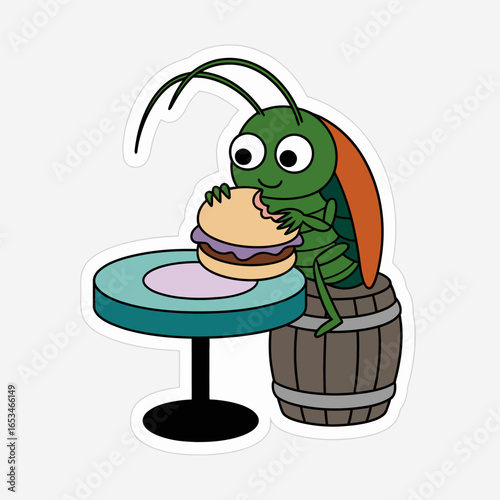 A cheerful cartoon cockroach character is sitting on a barrel next to a table and eating a burger, isolated on white background this cute and funny illustration is perfect for stickers