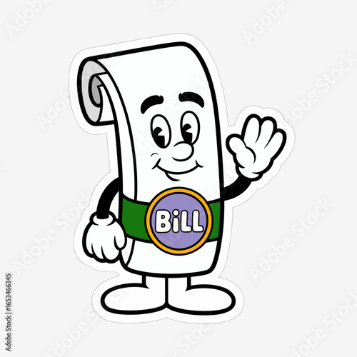 Cartoon bill character isolated on white background, waving with a friendly smile, representing finance, payment, and business in a playful and approachable manner