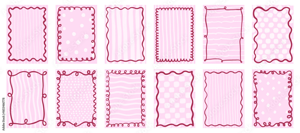 Cute curvy doodle vector frames and borders on pink background with polka dots and stripes patterns, Rectangle shapes with wavy squiggly lines in coquette style