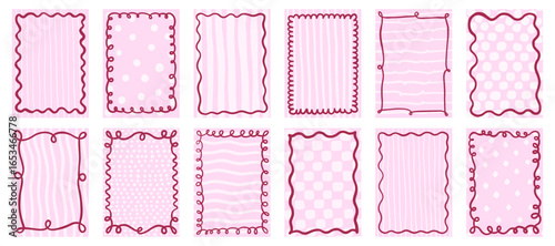 Cute curvy doodle vector frames and borders on pink background with polka dots and stripes patterns, Rectangle shapes with wavy squiggly lines in coquette style