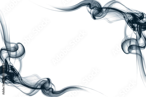 Curved black smoke border frame with swirling vapor effect on transparent background for abstract overlay and decorative mockup design