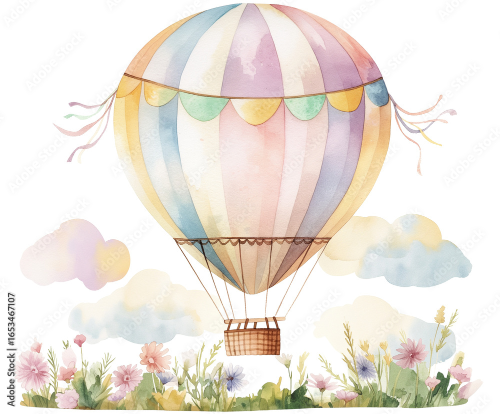 Obraz premium Watercolor illustration of a hot air balloon floating in a bright summer sky, depicted as clipart with an isolated background, capturing a light, airy, and whimsical atmosphere.
