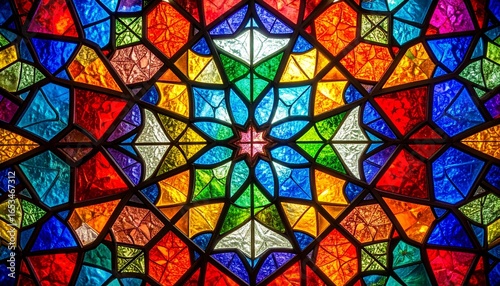 Intricate stained glass artwork displays vibrant colors and mesmerizing geometric patterns creating a kaleidoscope of light and shadows with an ornate design element.