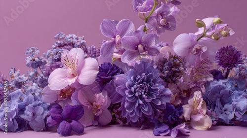 Enchanting lavender and purple floral composition showcasing delicate orchids, dahlias, and hydrangeas in a soft monochromatic arrangement against a muted background