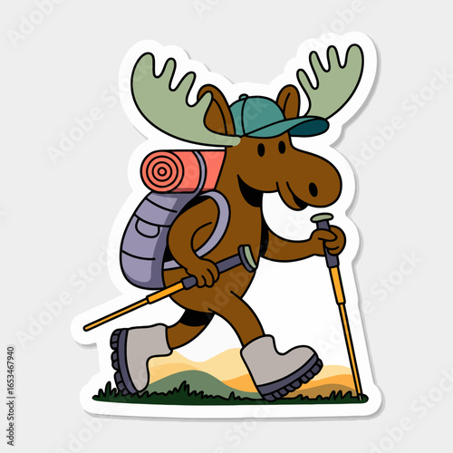 A cartoon moose hiking with a backpack and trekking poles, isolated on white background the moose is wearing a hat and boots, and is walking through a grassy landscape