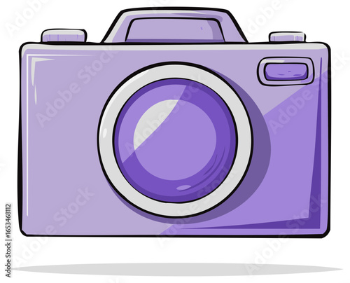 Cute cartoon camera with lens and flash for photographers, memory keeper, travel, social media purple