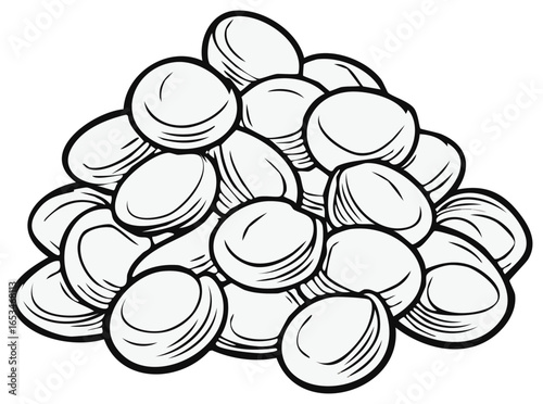 Heap of monochrome clam shells illustration in bold black and white lines.