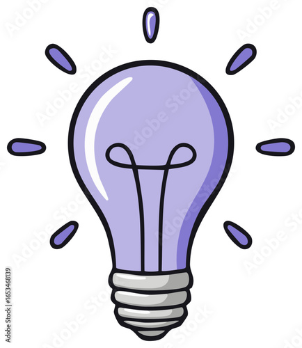 Cartoon light bulb radiating, idea concept graphic with purple, symbol of innovation and inspiration