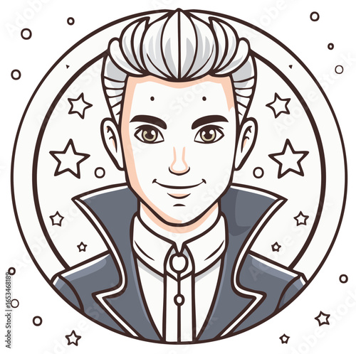 Stylized Portrait of a Magician in a Tuxedo with a Dramatic Hairstyle