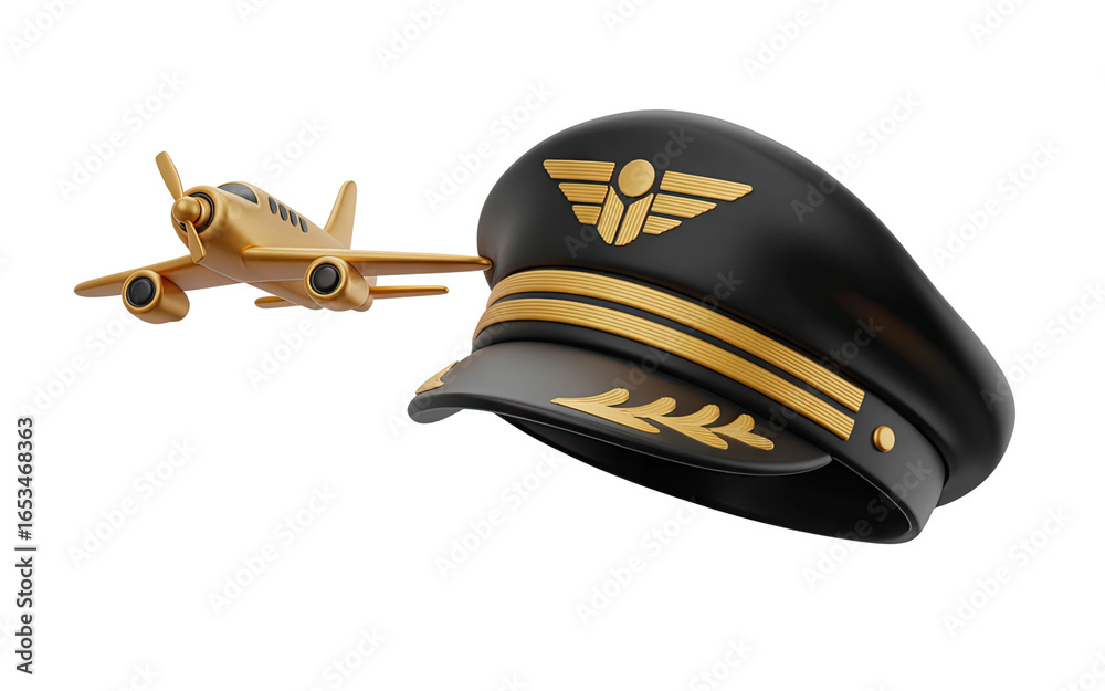 Fototapeta premium Golden airplane soars past elegant pilot cap symbolizing travel, aviation, and adventure.