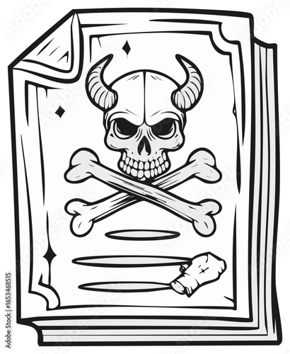 Illustration of an ancient spell book with a demonic horned skull and crossbones