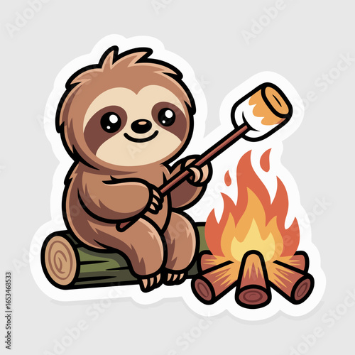 Cute sloth roasting marshmallow on campfire cartoon illustration isolated on white background funny animal character design for sticker, print, or decoration