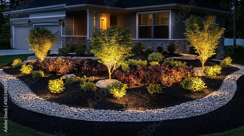 Illuminated garden with plants rocks and mulch in front of a house.