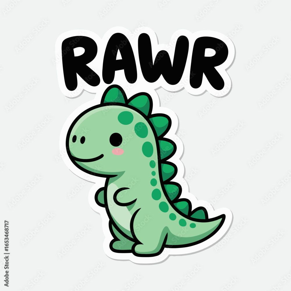 Fototapeta premium Cute dinosaur cartoon illustration with rawr text isolated on white background funny animal character design for sticker, print, or decoration