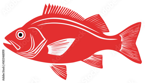 Bright Red Fish Illustration in a Simple, Modern Style: Aquatic Animal with Fin Details, Scales and Gills, Ocean or Lake