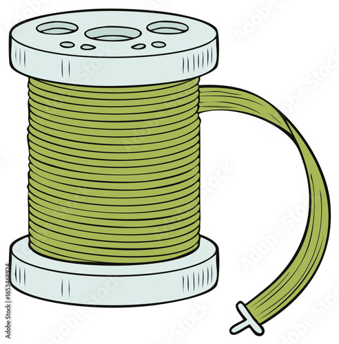Green thread on a spool with trailing end for sewing and crafts
