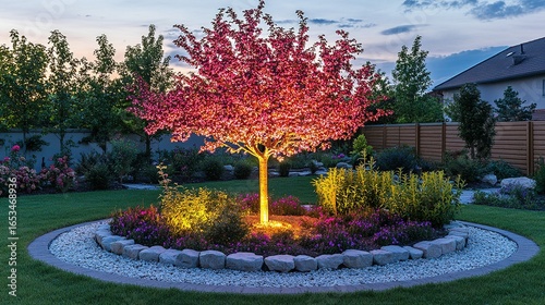 Illuminated tree with red leaves in a circular garden bed at dusk.