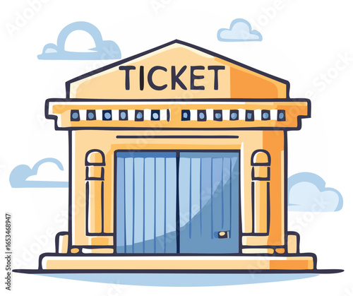 Cartoon Style Ticket Booth Illustration with Clouds Theater Entrance Icon, Amusement Park Admission Building Symbol