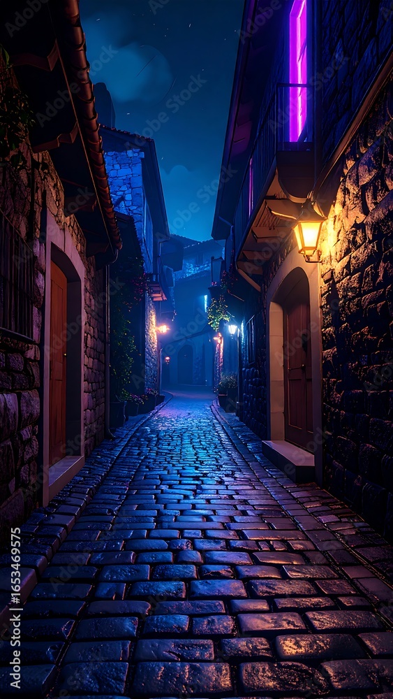 Fototapeta premium Nighttime alleyway, stone streets