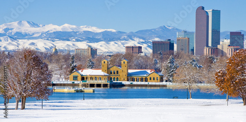 Denver City Park Scenic with City Park Lake on a Winter Day