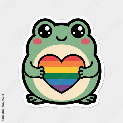 Cute frog holding a rainbow heart cartoon isolated on white background lgbtq pride illustration with a happy amphibian supporting love and equality for everyone