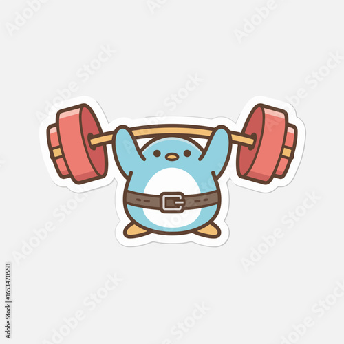 Cartoon penguin weightlifting isolated on white background, showcasing a cute animal character in a fitness sport, lifting a barbell with determination and strength
