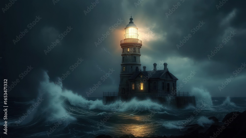 Obraz premium Stormy Lighthouse: Dramatic Coastal Scene with Waves, Lightning, and Glowing Light.